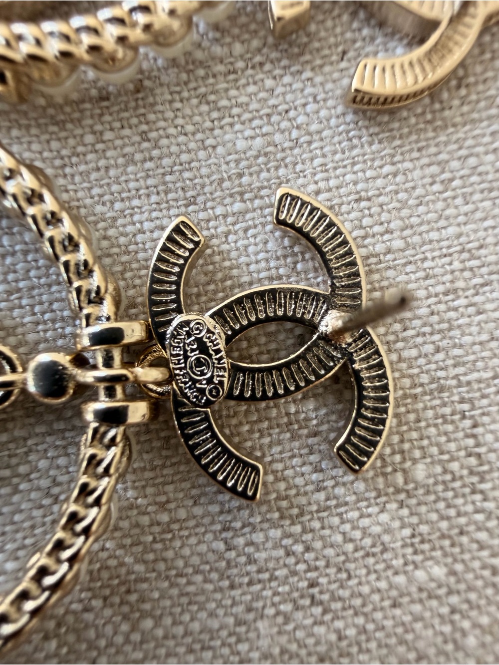 ✨CHANEL Pearl Hoop Earrings with Crystal CC Logo and Number 5 Charm✨ - Picture 7 of 9